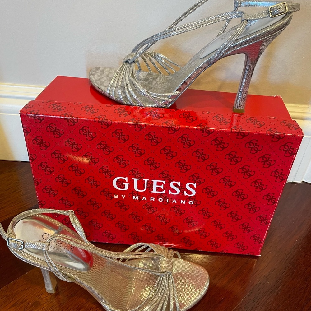 Guess Shiny Silver Strappy Heels
